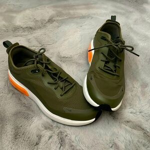 Hardly worn Nike air max sneakers size 9 olive green with orange trim